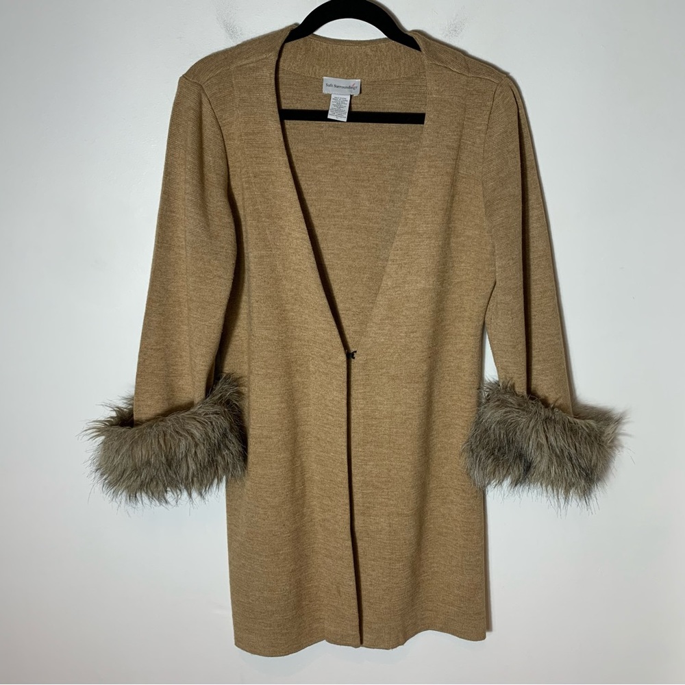 Soft Surroundings Faux Fur Cuff Sleeves Wool Blend Open Cardigan Sweater Wool